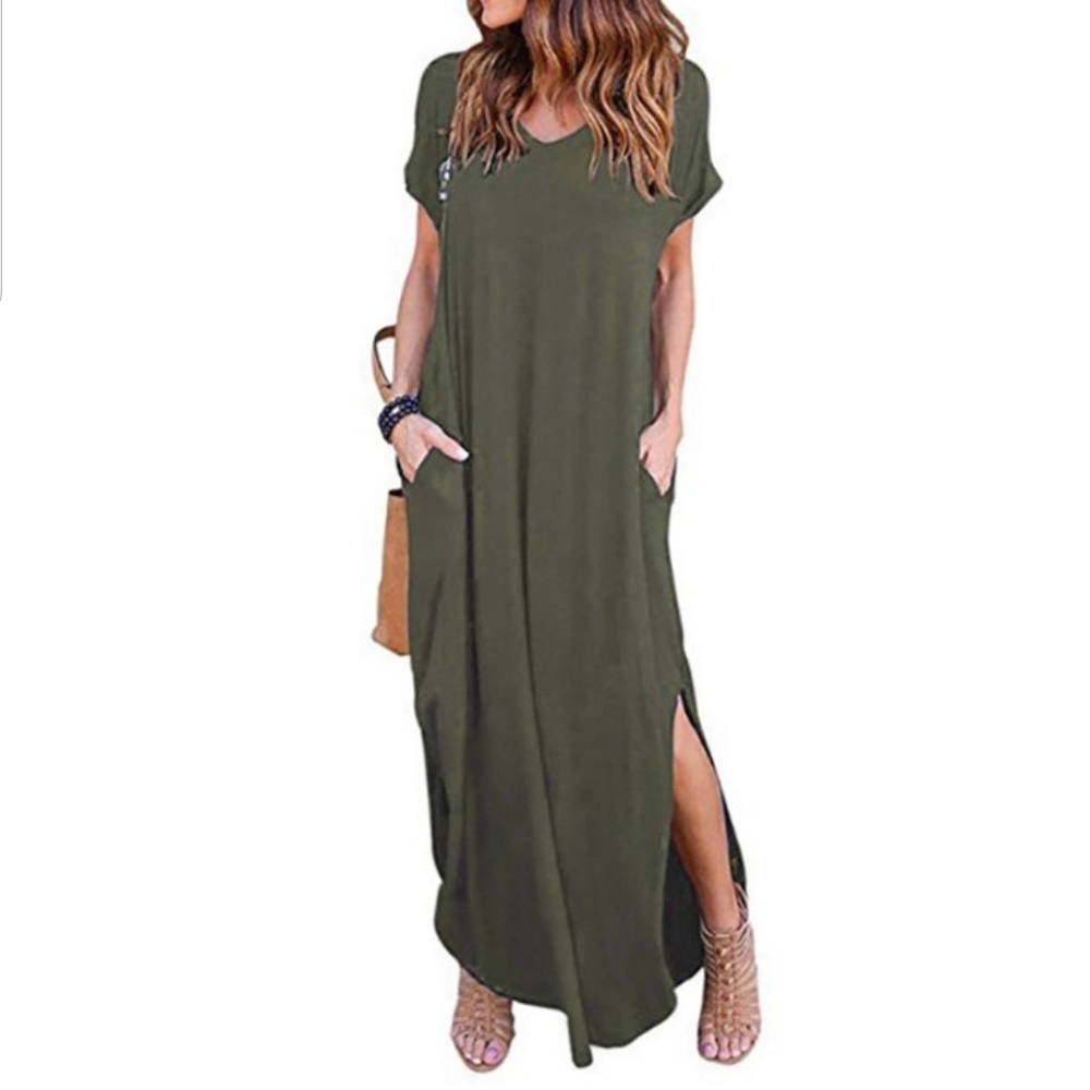 Black V-neck Maxi Dress Pockets Loose Fitting - Picture 3 of 4